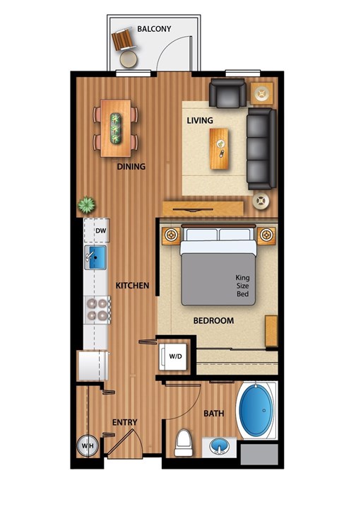 Floor plan for 1 bed, 1 bath, 581 sqft